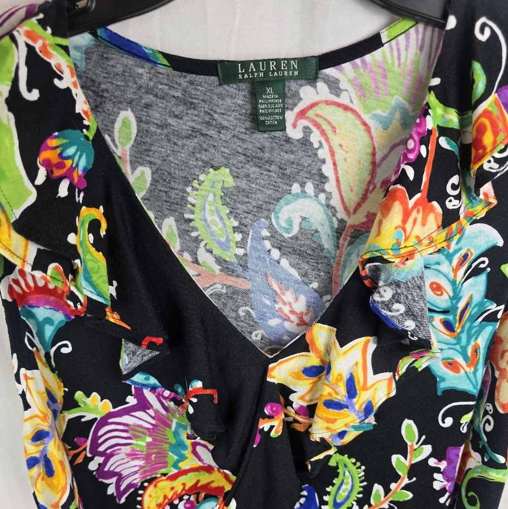 Lauren Ralph Lauren Colorful Floral Ruffled Vneck Sleeveless Dress w/tie Sz XL - Picture 4 of 11
